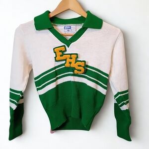 Vintage Varsity Cheerleader Sweater Green & Gold EHS 50's 60's Dehen Official XS